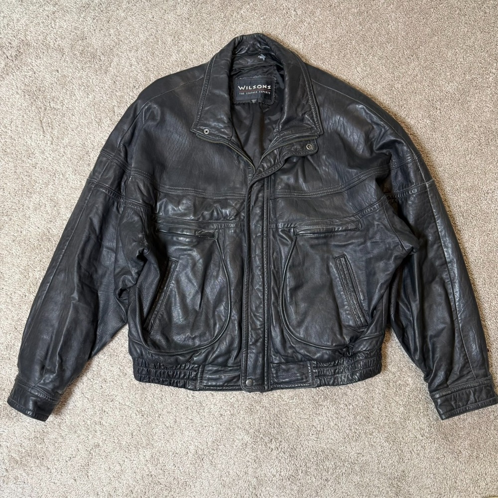 Vintage Wilsons Leather Experts Mens Bomber Jacket XL Black Leather Flight Coat